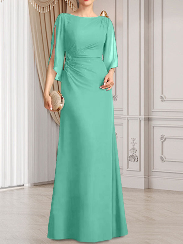 Vestido de gasa para madre de la novia con corte tubo/columna, escote redondo y largo hasta el suelo, con cuentas plisadas
