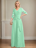 A-Linie V-Ausschnitt Bodenlanges Spitzen-Chiffon-Kleid für die Brautmutter mit kaskadierenden Rüschen und Pailletten 