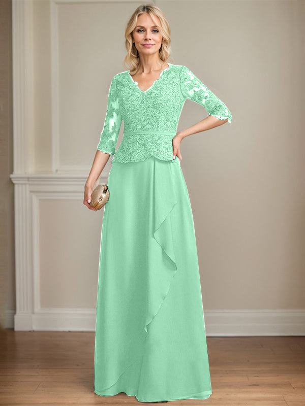 Vestido de madre de la novia de gasa con encaje, escote en V, largo hasta el suelo, con volantes en cascada y lentejuelas