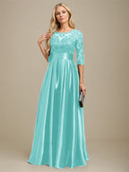 Vestido de madre de la novia de satén elástico con encaje, corte A, escote ilusión, largo hasta el suelo, con lazo y lentejuelas
