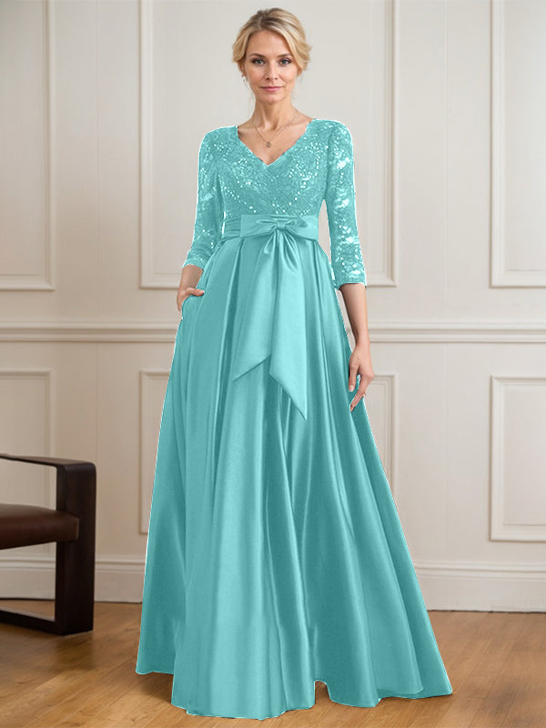 Vestido de madre de la novia de satén con encaje, escote en V y largo hasta el suelo con lazo de lentejuelas