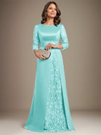 Vestido de madre de la novia de satén con encaje, corte A, largo hasta el suelo y apliques