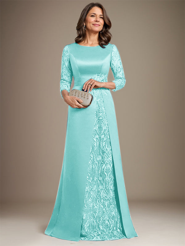 Vestido de madre de la novia de satén con encaje, corte A, largo hasta el suelo y apliques