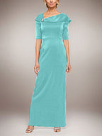 Vestido largo de columna brillante con puños doblados, escote en L y mangas hasta el codo