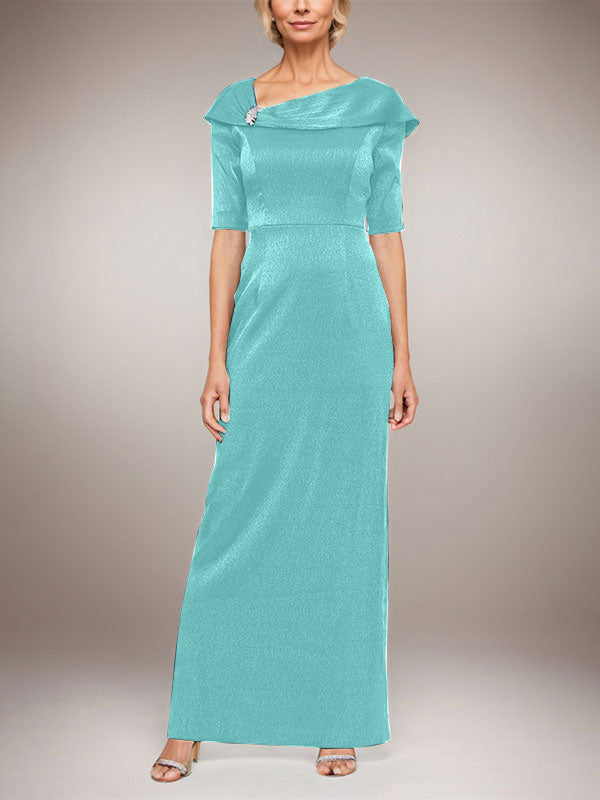 Vestido largo de columna brillante con puños doblados, escote en L y mangas hasta el codo