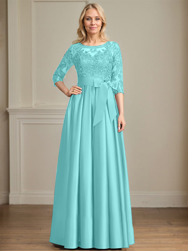 Vestido de madre de la novia de satén con encaje, corte A, escote ilusión, largo hasta el suelo, con lazo de lentejuelas