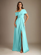 A-Linie Asymmetrischer Ausschnitt Bodenlanges Satinkleid für die Brautmutter mit Plissee 