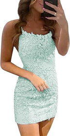 Vestidos de fiesta sin mangas con tirantes finos y encaje azul de columna corta 