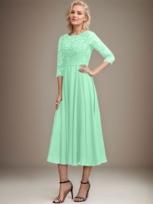 Vestido de gasa con encaje y lentejuelas para madre de la novia, corte A, escote redondo y largo hasta la rodilla