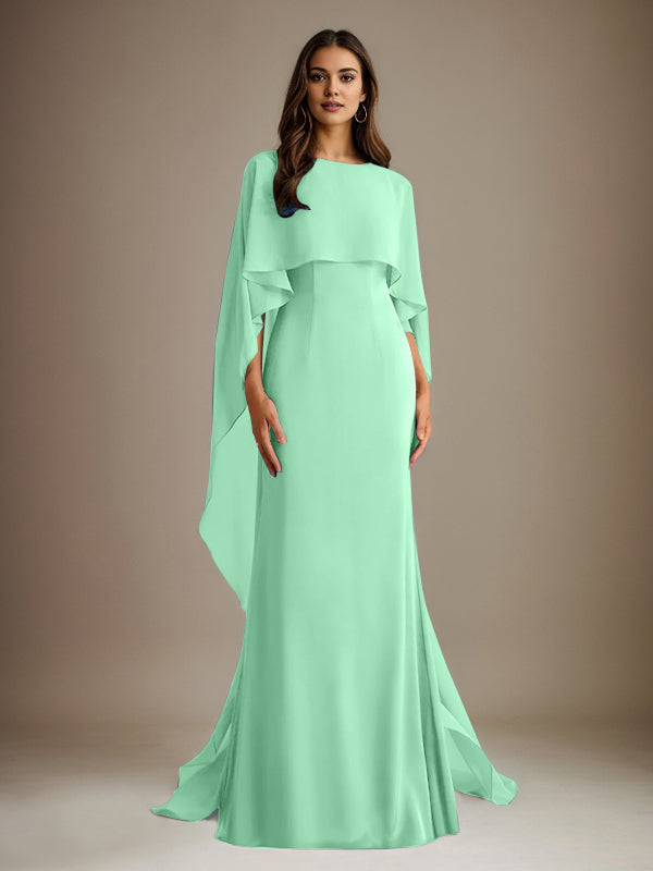 Vestido de gasa para madre de la novia, largo hasta el suelo, con escote barco y corte tubo/columna y volantes en cascada