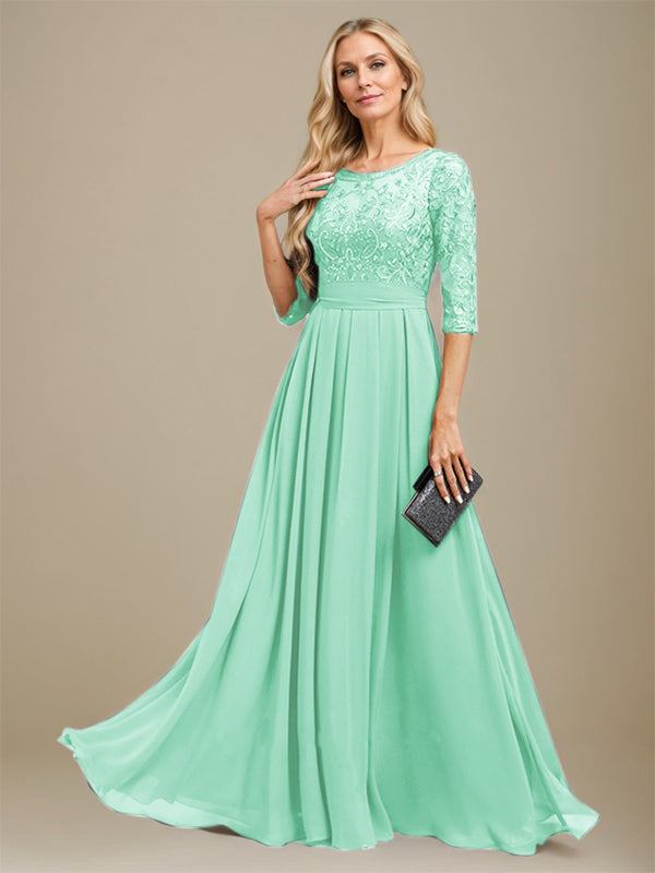Vestido de madre de la novia de gasa con encaje, corte A, largo hasta el suelo y apliques de lentejuelas