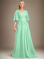 Vestido de gasa con encaje y escote en V hasta el suelo para madre de la novia con broche de cristal y diamantes de imitación