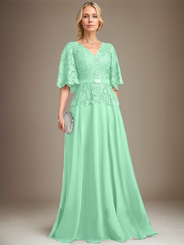 A-Linie V-Ausschnitt Bodenlanges Chiffon-Spitzenkleid für die Brautmutter mit Kristallbrosche und Strass 