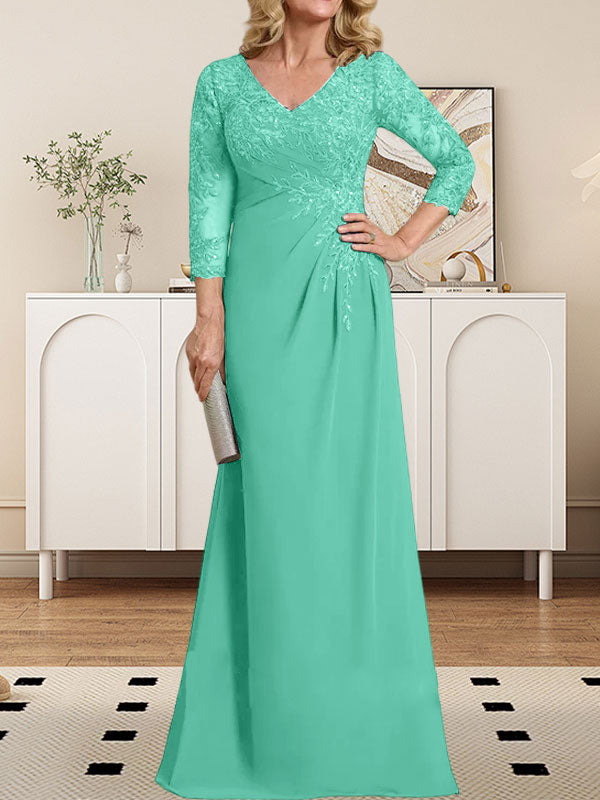 Etui-/Säulen-Kleid mit V-Ausschnitt, bodenlangem Illusion-Spitzen-Chiffon und plissierten Pailletten 