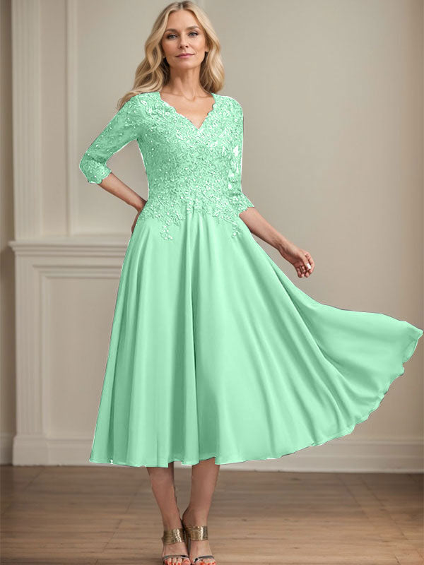 Vestido de gasa con encaje y escote en V para madre de la novia, largo hasta la rodilla, con lentejuelas y abalorios