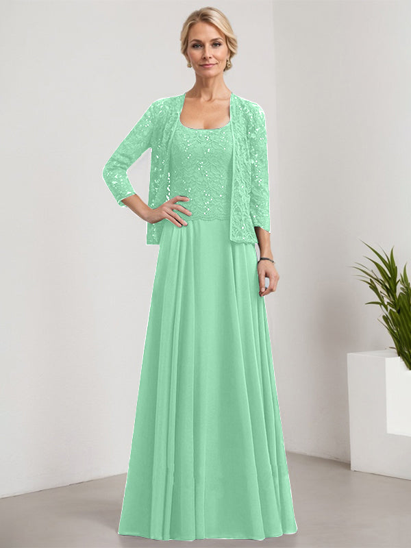 Vestido de madre de la novia de gasa con encaje, corte A, largo hasta el suelo, cuadrado y lentejuelas