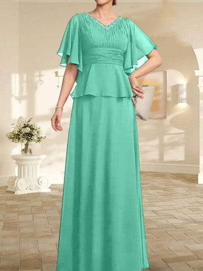A-Linien-Kleid aus Chiffon mit V-Ausschnitt und bodenlangem Schnitt für die Brautmutter mit plissierten Perlen