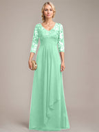 A-Linie V-Ausschnitt Bodenlanges Spitzen-Chiffon-Kleid für die Brautmutter mit kaskadierenden Rüschen und Pailletten 