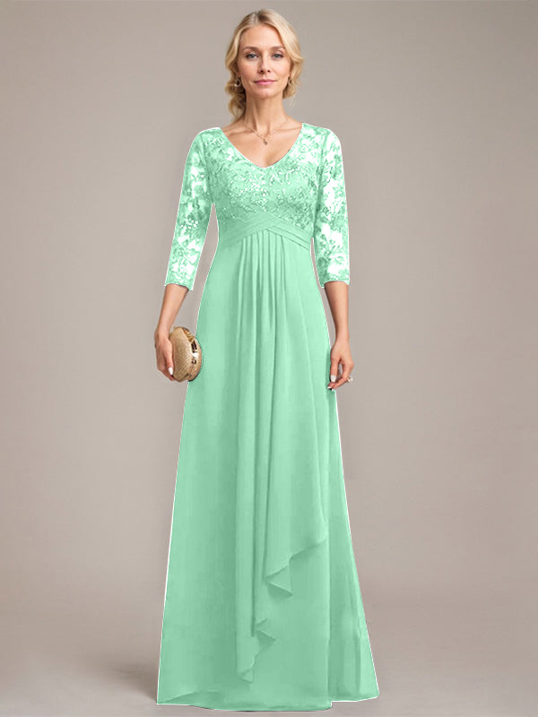 Vestido de madre de la novia de gasa con encaje, escote en V, largo hasta el suelo, con volantes en cascada y lentejuelas