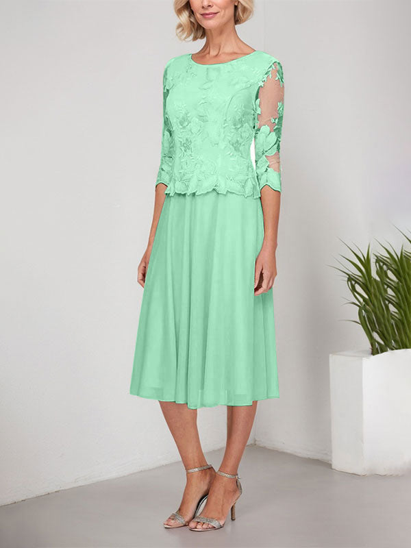 Vestido de gasa con encaje y bordado para madre de la novia, corte A, escote redondo y largo hasta la rodilla