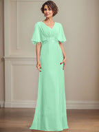 Vestido de gasa para madre de la novia, corte A, escote en V, largo hasta el suelo, con apliques de lentejuelas plisadas y encaje