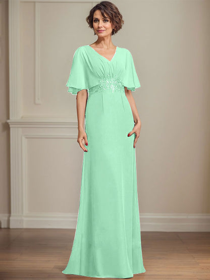 A-Linie V-Ausschnitt Bodenlanges Chiffonkleid für die Brautmutter mit plissierten Paillettenapplikationen Spitze