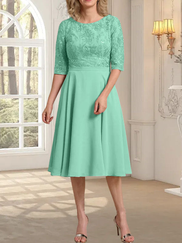 Vestido de gasa con encaje y escote redondo hasta la rodilla para madre de la novia