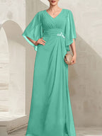 Vestido de gasa para madre de la novia, con escote en V, largo hasta el suelo, con lentejuelas plisadas y abalorios