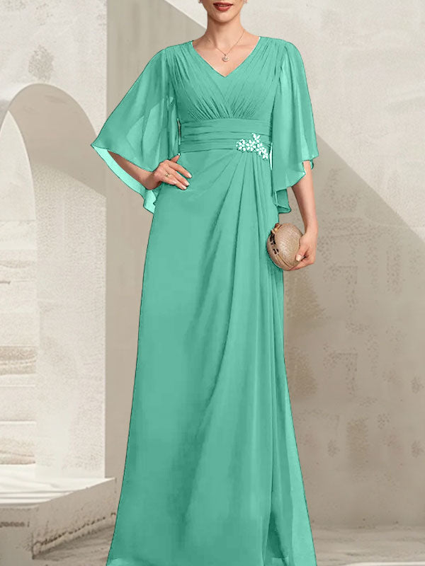 Etui-Linie/Säule V-Ausschnitt Bodenlang Chiffon Kleid für die Brautmutter mit Plissee Pailletten Perlenbesatz