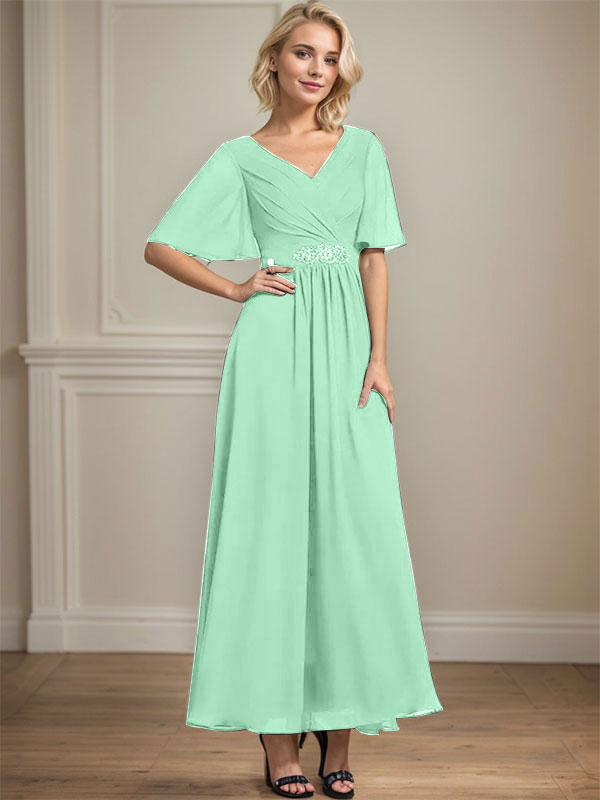 Vestido de gasa para madre de la novia con escote en V, largo hasta los tobillos, corte A y lentejuelas plisadas con cuentas