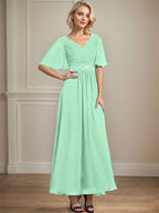 Vestido de gasa para madre de la novia con escote en V, largo hasta los tobillos, corte A y lentejuelas plisadas con cuentas