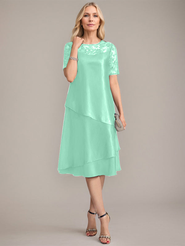 Vestido de madre de la novia con corte en A, escote redondo y largo hasta la rodilla, con apliques y lentejuelas