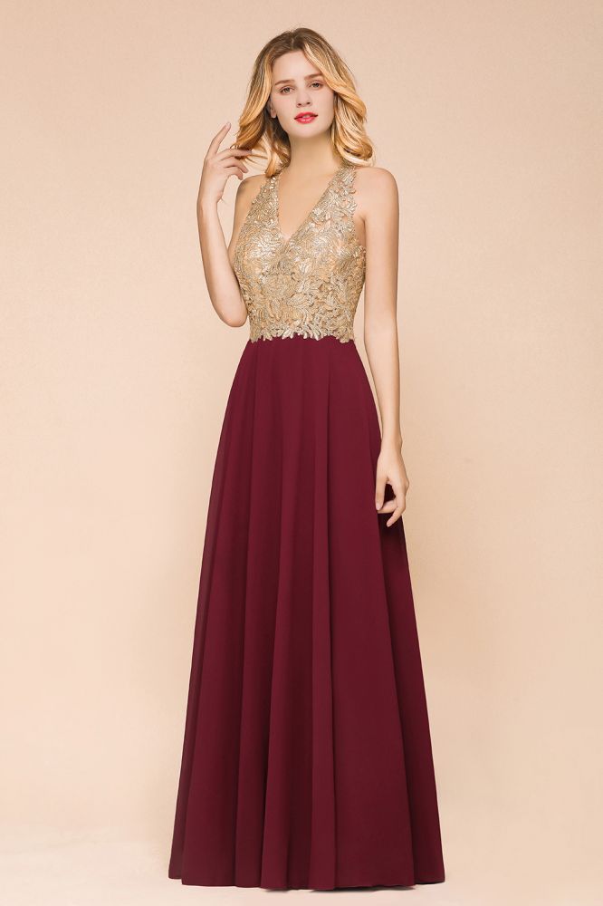 MisShow Women's Gold Appliques Evening Formal Dress Chiffon Lace Prom Long Ball Gown