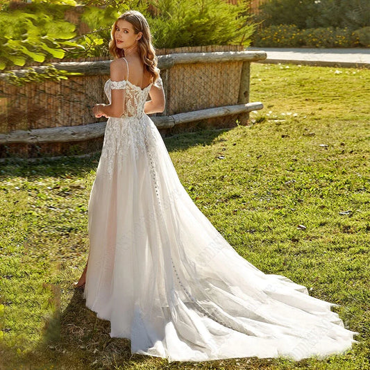 Modern Spaghetti Straps Wedding Dress A-Line New 2023 Civil Bride Bride A-Line Tulle Sweep Train Vestidos De Novia-payinti