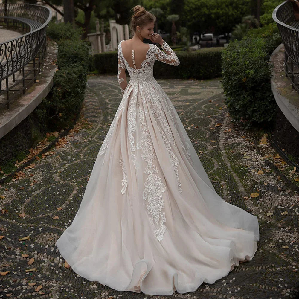 Modest Champagne Wedding Dress Appliques Long Sleeves Vestido De Noiva Sweep Train Sexy Backless Vestidos De Novia-payinti