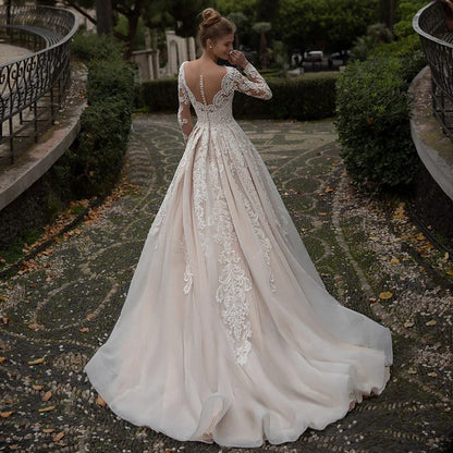 Modest Champagne Wedding Dress Appliques Long Sleeves Vestido De Noiva Sweep Train Sexy Backless Vestidos De Novia-payinti