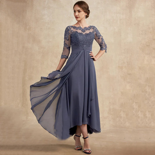 Mother Of The Bride Dresses Classic Scoop Neck Lace Appliques A-Line Floor-Length Dress Half Sleeve Chiffon Wedding Guest Gown-payinti