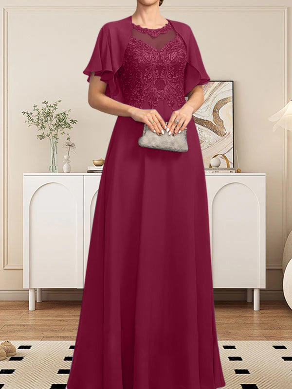 Vestido de gasa con encaje y lentejuelas para madre de la novia, corte A, escote ilusión, largo hasta el suelo