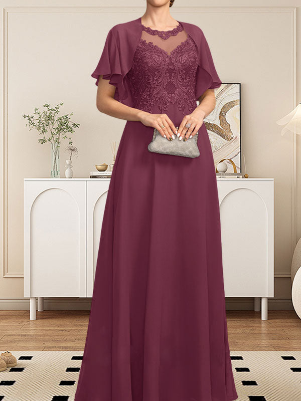 Vestido de gasa con encaje y lentejuelas para madre de la novia, corte A, escote ilusión, largo hasta el suelo