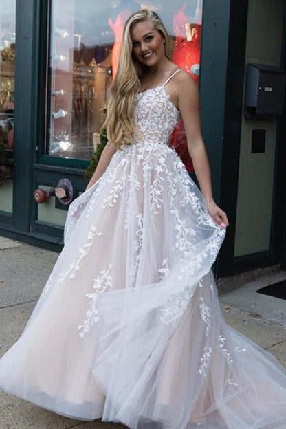 Yellow Tulle Spaghetti Straps Scoop A-Line Prom Dresses with Appliques