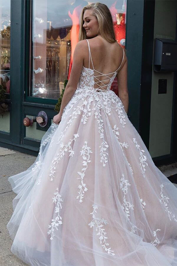 Yellow Tulle Spaghetti Straps Scoop A-Line Prom Dresses with Appliques