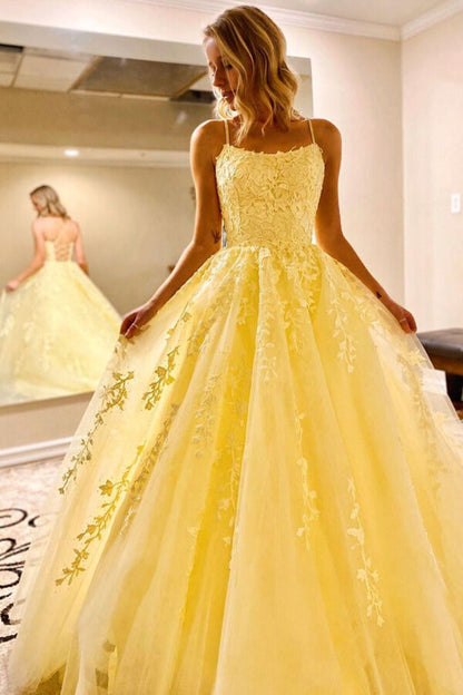 Yellow Tulle Spaghetti Straps Scoop A-Line Prom Dresses with Appliques