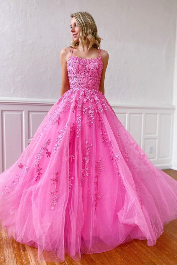 Yellow Tulle Spaghetti Straps Scoop A-Line Prom Dresses with Appliques