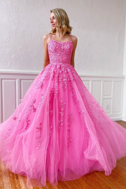 Yellow Tulle Spaghetti Straps Scoop A-Line Prom Dresses with Appliques