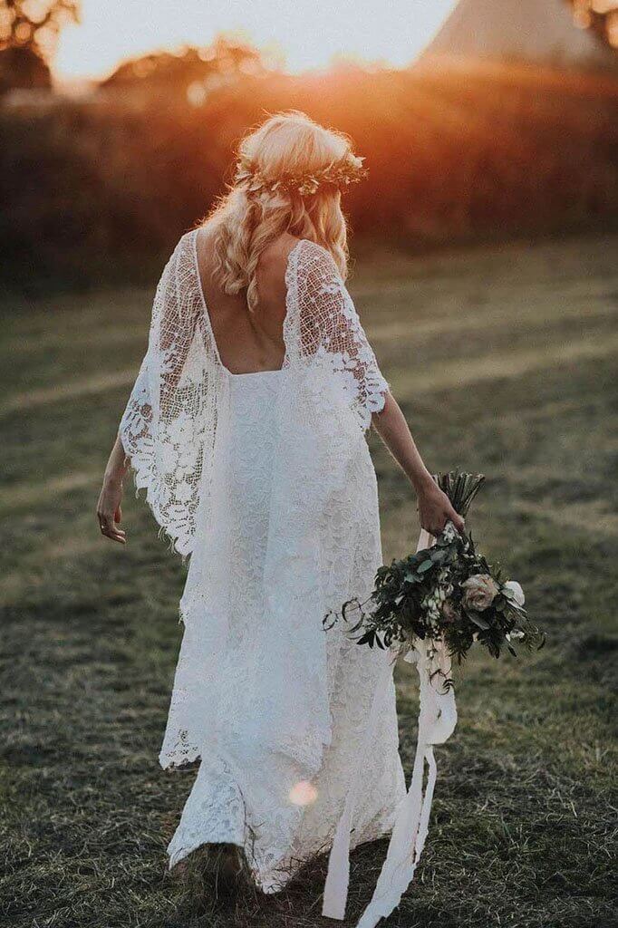 Vestidos de novia rústicos con mangas de murciélago y encaje, color marfil, estilo bohemio, MW407