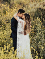 Vestidos de novia rústicos con mangas de murciélago y encaje, color marfil, estilo bohemio, MW407