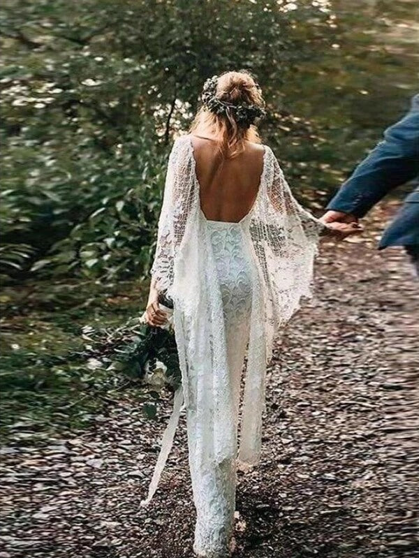 Vestidos de novia rústicos con mangas de murciélago y encaje, color marfil, estilo bohemio, MW407