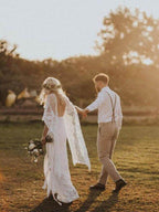 Vestidos de novia rústicos con mangas de murciélago y encaje, color marfil, estilo bohemio, MW407