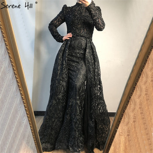 En oferta, sin devolución ni reembolso. Vestidos de noche musulmanes de manga larga con cristales negros, estilo sirena, de lujo, talla grande, LA70419.