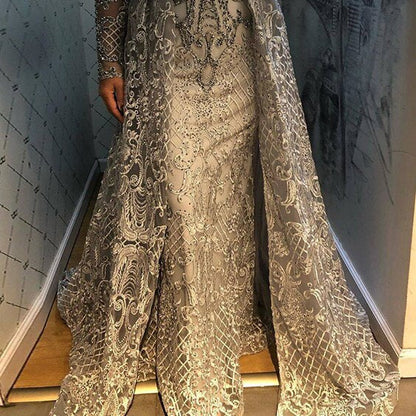 En oferta, sin devolución ni reembolso. Vestidos de noche musulmanes de manga larga con cristales negros, estilo sirena, de lujo, talla grande, LA70419.